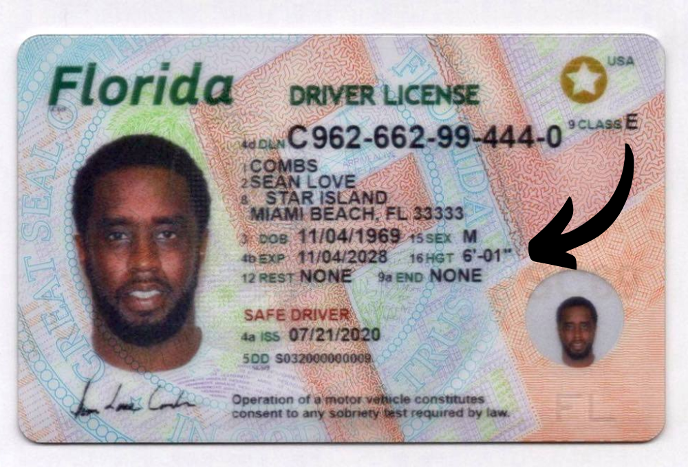 Diddy Driving license measurement information